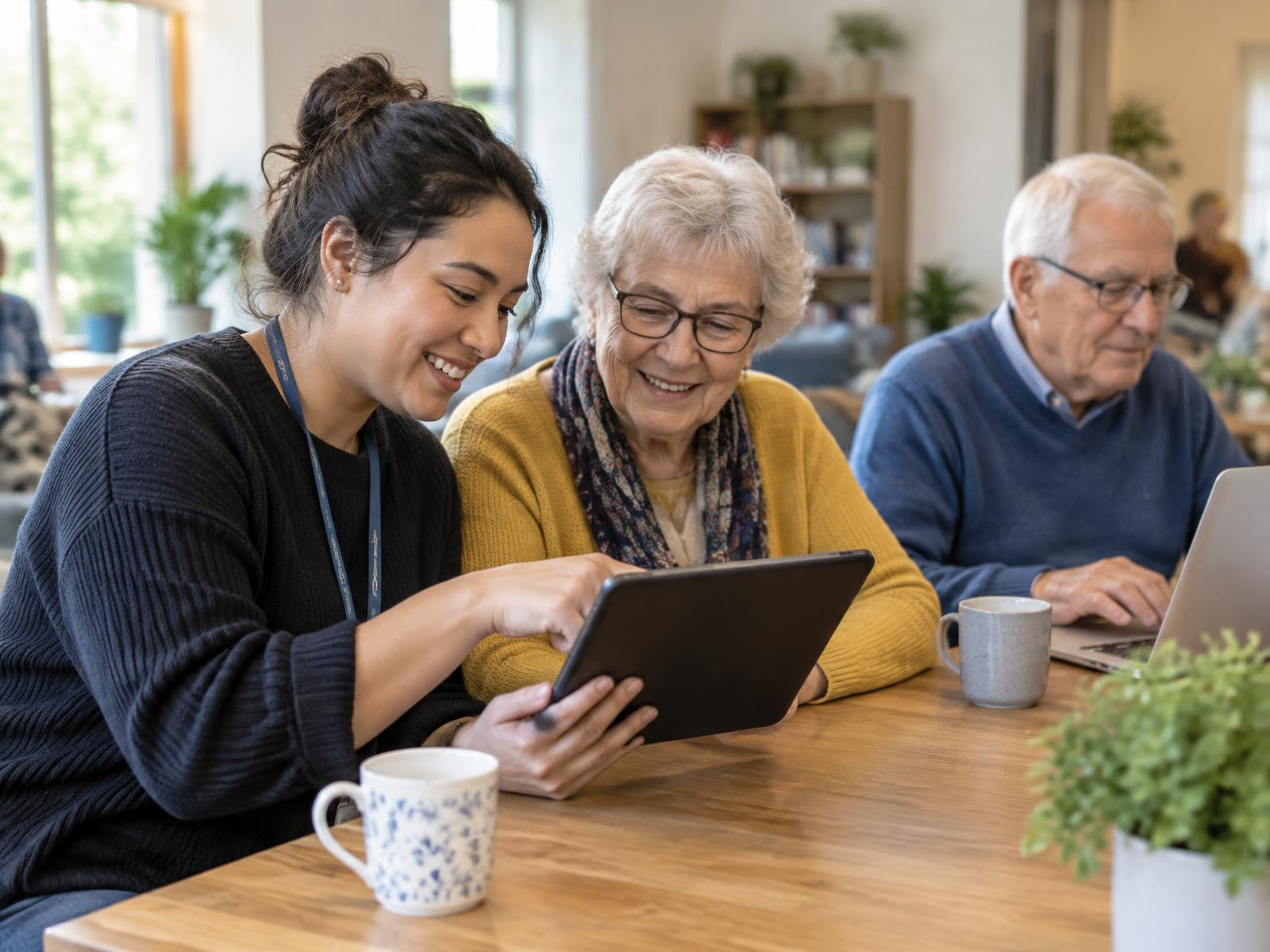 A Jo&Jo helper sitting with residents in a bright community room, showing something on a tablet