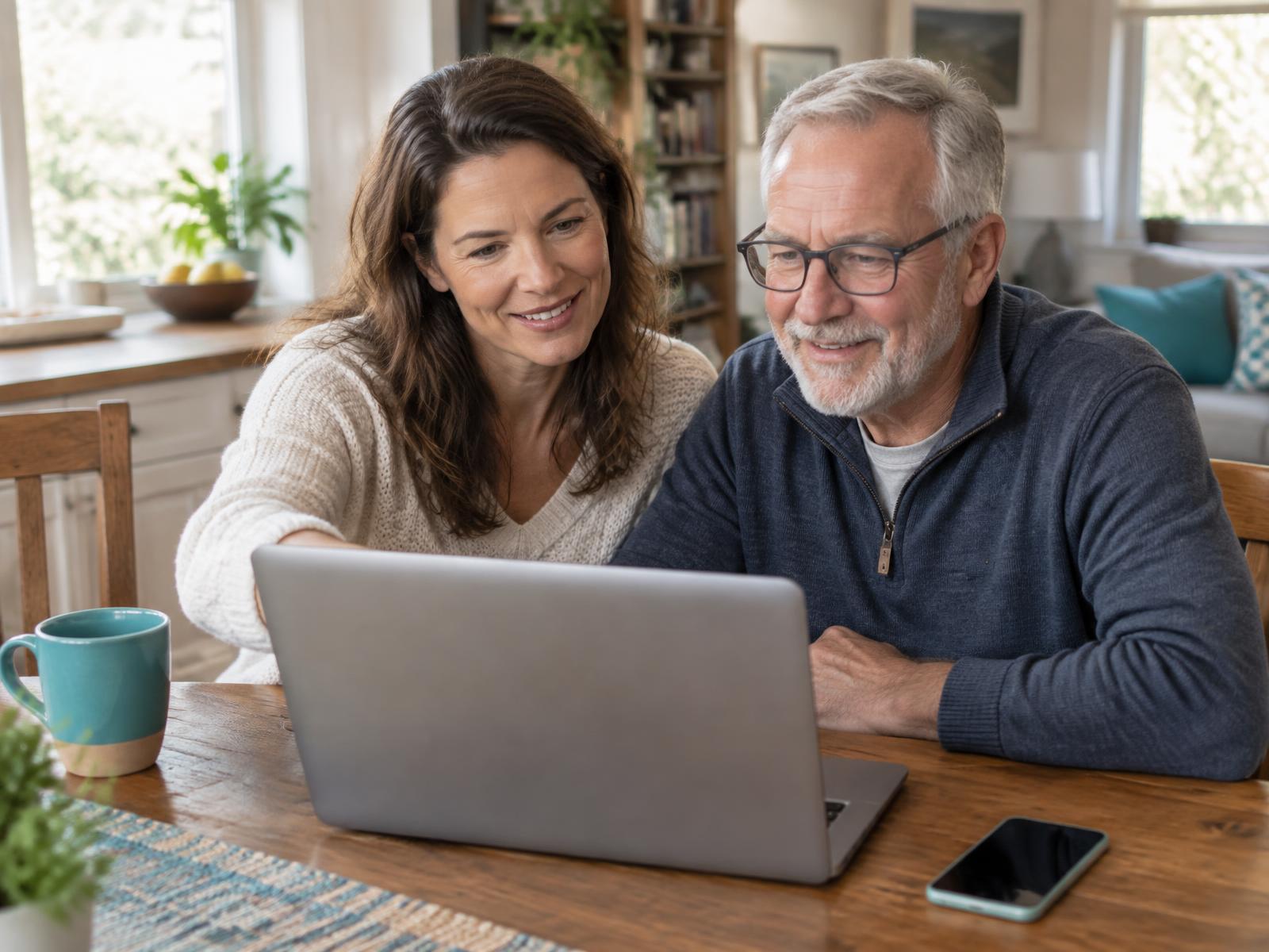 Two family members going through a laptop together at home